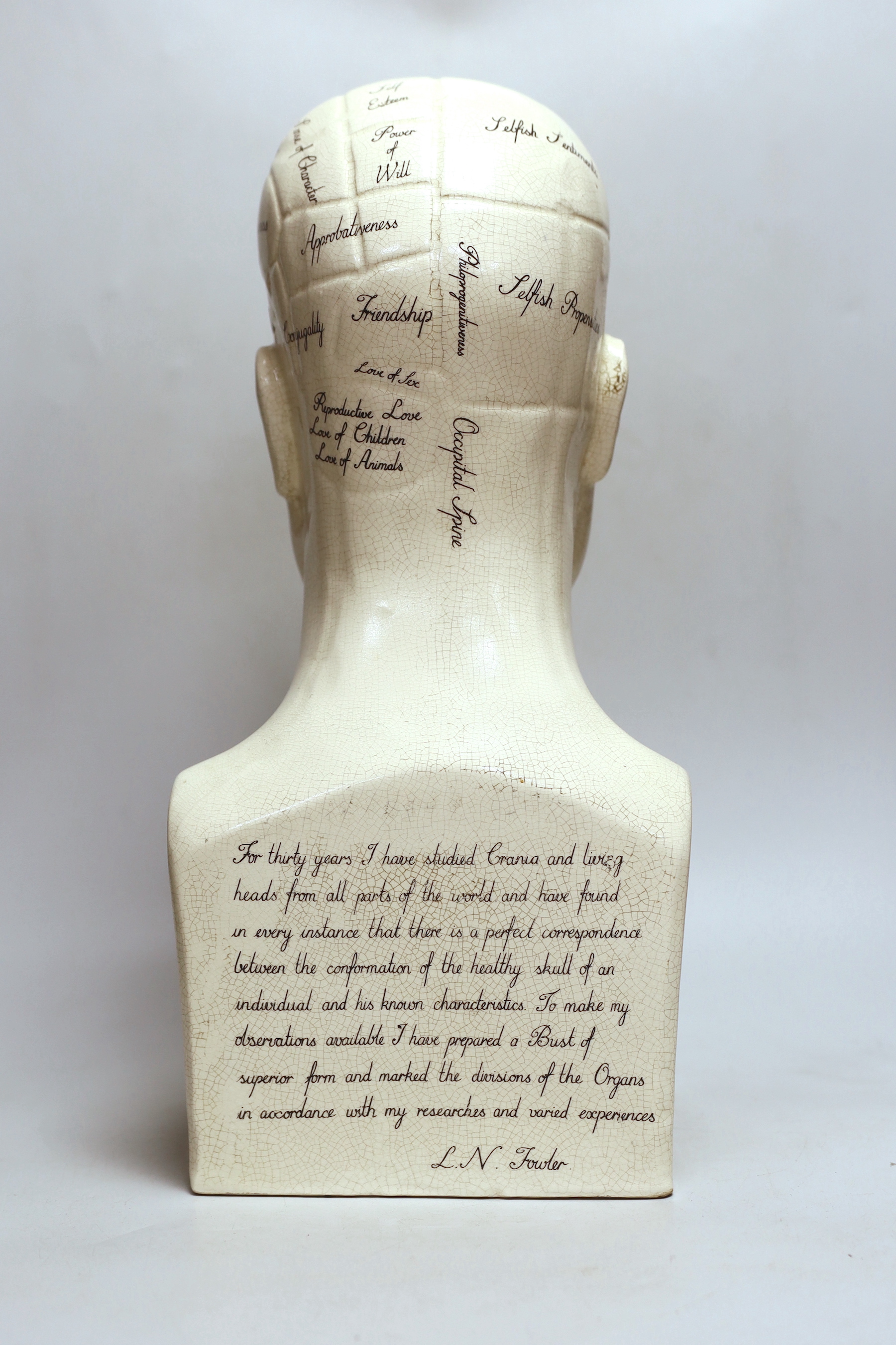 A large Phrenology bust, inscribed L.N. Fowler, 44cm